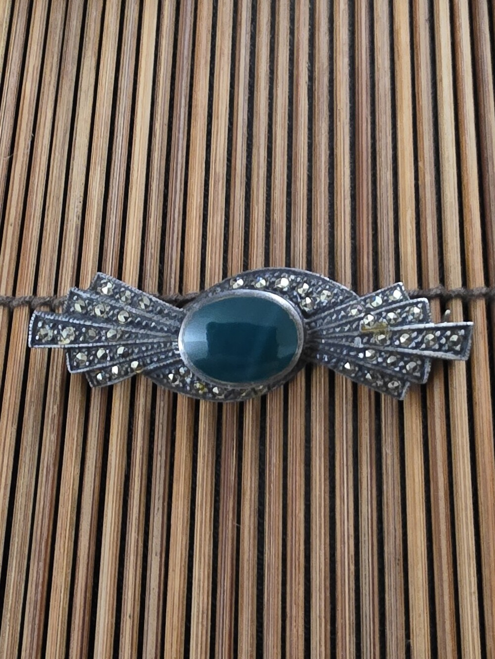 925 Silver Green Agate, Marcasite Brooch (Vintage)